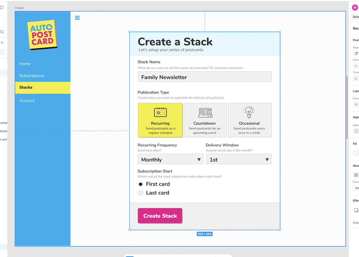 Old Figma mockup of AutoPostcard.com, showing the interface for creating automated postcard series